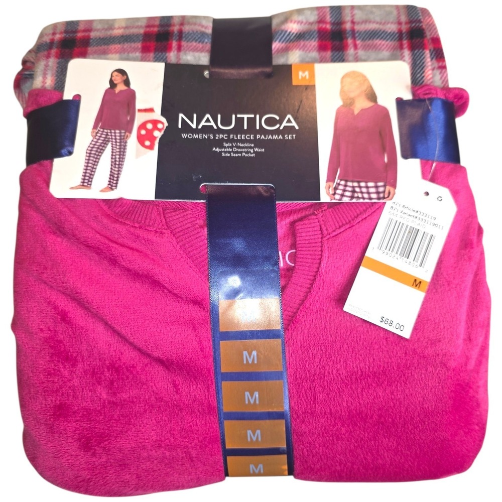 Nautica Women's 2PC Fleece Pajama Set Burgundy Plaid V-Neck PJs Medium NWT